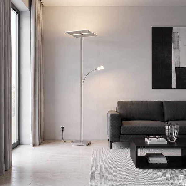 Lampada da terra con luce lettura Parthena Lucande, dimmerabile, Alluminio / Grigio / Zincato, Soggiorno / Sala da pranzo, Metallo, Moderno, Lampada LED da terra