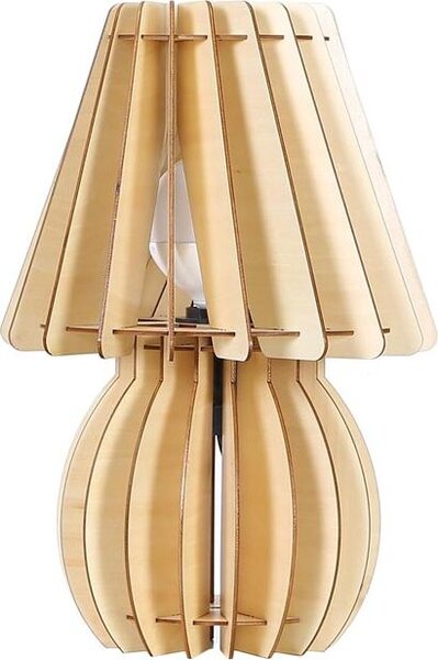 Lampada da tavolo Padiro, dimensioni 26 x 26 x 40 cm, finitura effetto legno, realizzata in compensato, con lamelle in legno a giorno, attacco E27