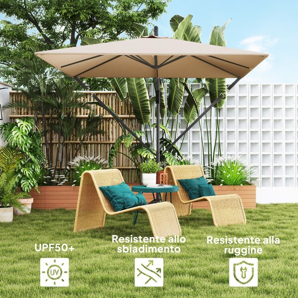 Outsunny Ombrellone Decentrato 2.5x2.5 m con Base a Croce e Manovella, in Metallo e Poliestere, Cachi | Aosom Italy