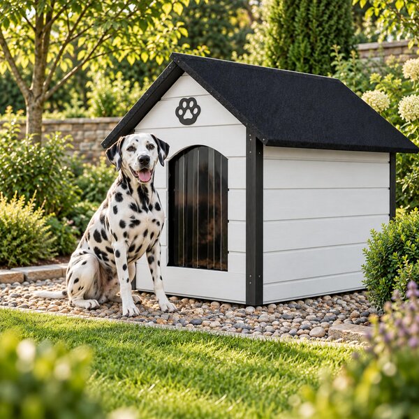 Cuccia per cani QLS, dimensioni XL, 104x74 cm, isolata, in legno, per esterno, colore bianco-grigio, modello 9064