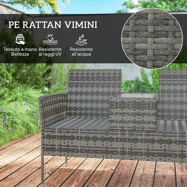 Outsunny Panchina da Esterno 2 Posti con Tavolino da Caffè, in Acciaio e Rattan PE, 137x59x82 cm, Grigio | Aosom Italy
