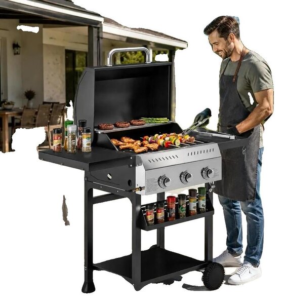 Griglia per barbecue da esterno, carrello in acciaio inossidabile, tre bruciatori, modello T0002 01 19175