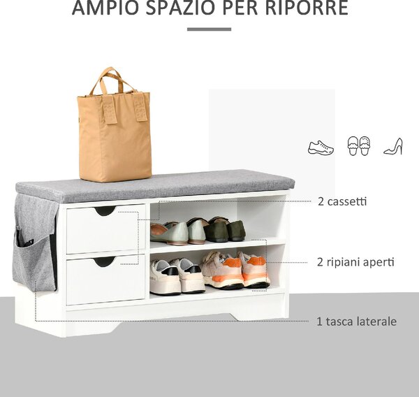 DecHome Panca Scarpiera 2 Ripiani 2 Cassetti Dimensioni 80.5x30.5x43.5 cm colore Bianco