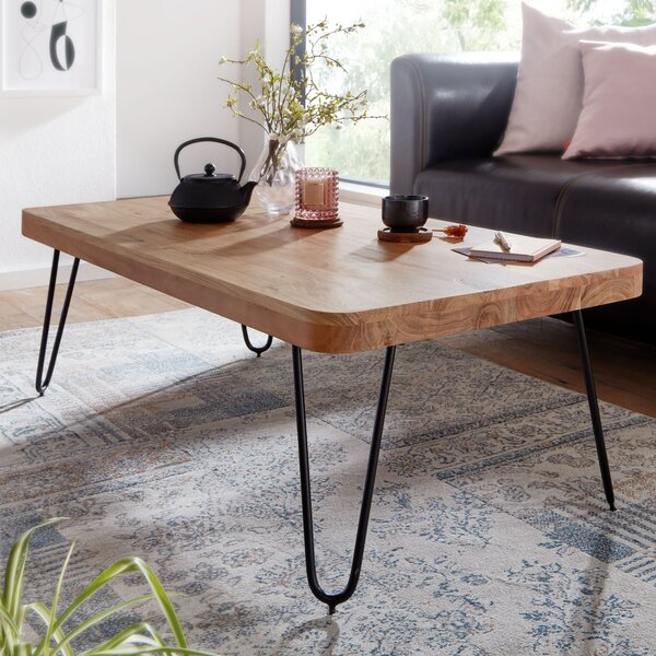 FineBuy Tavolino da caffè in legno massiccio di acacia 115 cm - Tavolo da salotto rettangolare dal design industriale con gambe in metallo a forcina - Fatto a mano