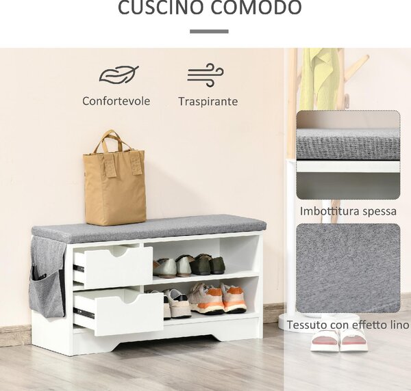 DecHome Panca Scarpiera 2 Ripiani 2 Cassetti Dimensioni 80.5x30.5x43.5 cm colore Bianco