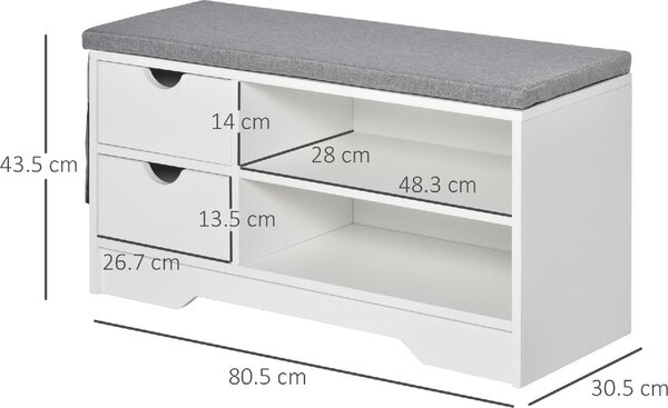 DecHome Panca Scarpiera 2 Ripiani 2 Cassetti Dimensioni 80.5x30.5x43.5 cm colore Bianco