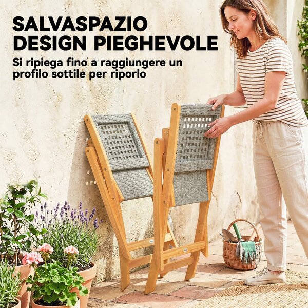Outsunny Set di 2 Sedie Pieghevoli da Giardino in Rattan PE e Legno di Acacia, Supporto fino a 160 kg, Grigio | Aosom Italy
