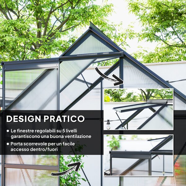 Outsunny Serra in Policarbonato e Alluminio con Porta a Battente e Finestra a Tetto, 192.5x131x200 cm, Grigio | Aosom Italy