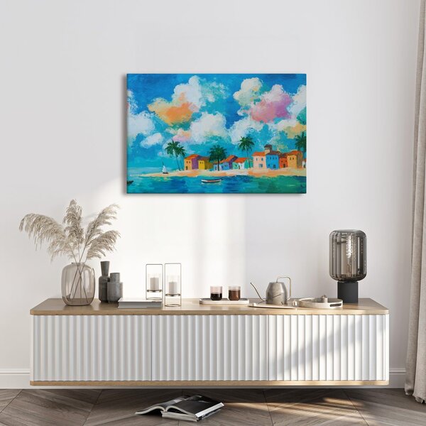 Quadro su tela – Villaggio costiero sotto le palme