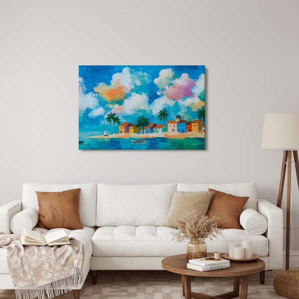 Quadro su tela – Villaggio costiero sotto le palme
