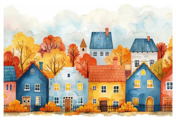 Quadro su tela – Villaggio autunnale con case
