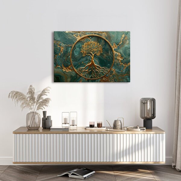 Quadro su tela – Albero della vita dorato su sfondo smeraldo