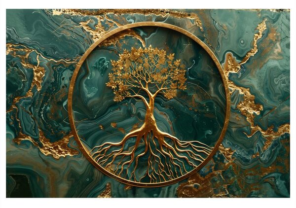Quadro su tela – Albero della vita dorato su sfondo smeraldo