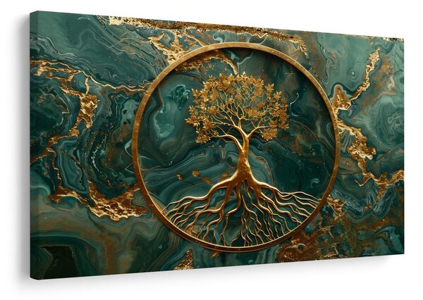 Quadro su tela – Albero della vita dorato su sfondo smeraldo