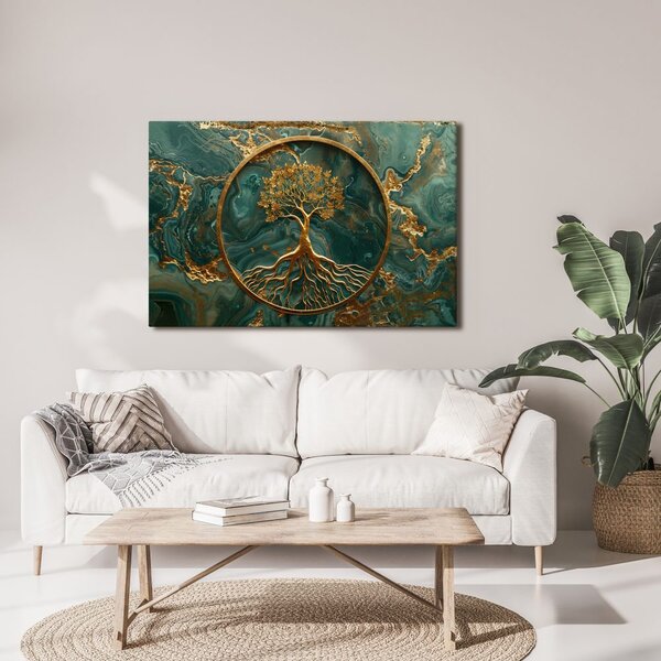 Quadro su tela – Albero della vita dorato su sfondo smeraldo