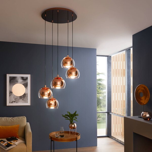 EGLO Lampada a sospensione Rocamar 1, dimmerabile, Rame, Soggiorno / Sala da pranzo, Vetro, Moderno, Lampada a sospensione