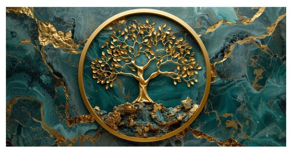 Quadro su tela – Albero della vita dorato su smeraldo