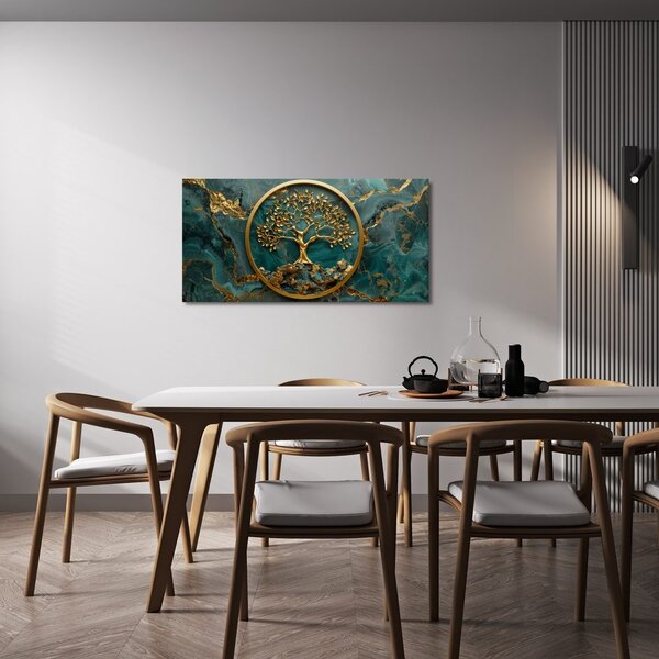 Quadro su tela – Albero della vita dorato su smeraldo