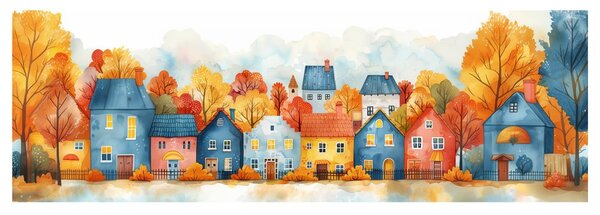 Quadro su tela – Villaggio autunnale con casette