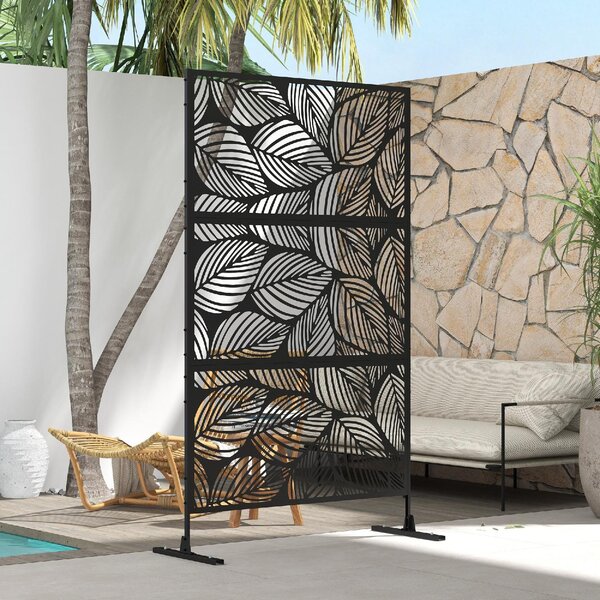 VivaGarden Paravento da Esterno Decorativo in Acciaio Traforato con Design a Foglie 122x198 cm colore Nero