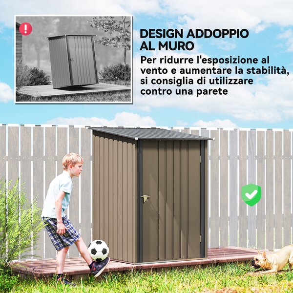 Outsunny Casetta da Giardino Porta Attrezzi in Acciaio Galvanizzato con Porta, 100x104x160 cm, Marrone e Grigio Scuro | Aosom Italy