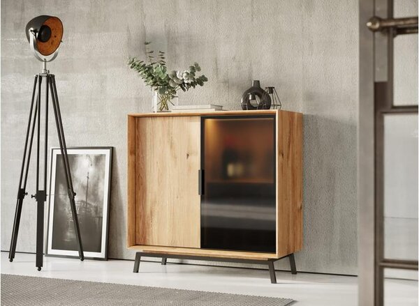 Credenza in legno massello naturale con vetro grafite con portabottiglie