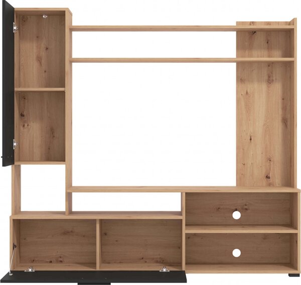 DecHome Parete Attrezzata Moderna 2 Ante 4 Vani Giorno 3 Ripiani Dimensioni 168,5x35x157 cm colore Rovere/Nero