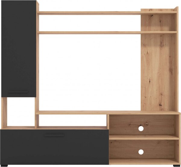 DecHome Parete Attrezzata Moderna 2 Ante 4 Vani Giorno 3 Ripiani Dimensioni 168,5x35x157 cm colore Rovere/Nero