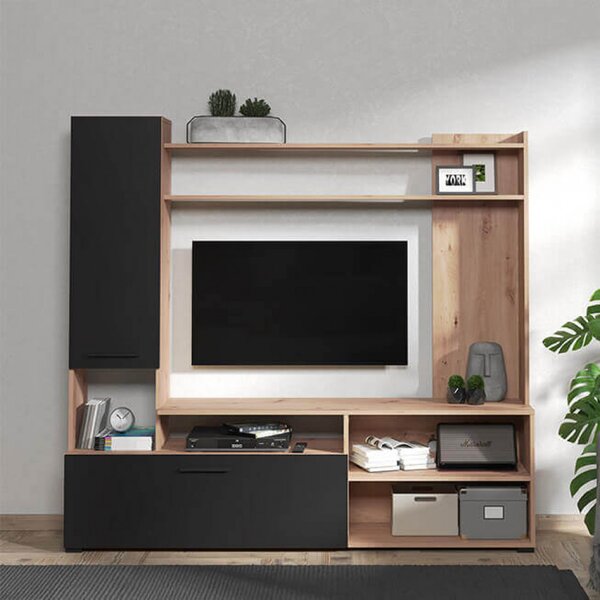 DecHome Parete Attrezzata Moderna 2 Ante 4 Vani Giorno 3 Ripiani Dimensioni 168,5x35x157 cm colore Rovere/Nero