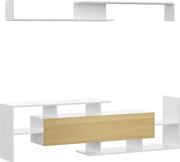 DecHome Parete Attrezzata Moderna Mobile TV + 1 Mensola in Legno Dimensioni 153,6x25x42 cm colore Bianco e Legno
