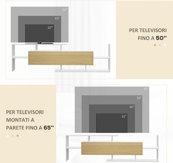 DecHome Parete Attrezzata Moderna Mobile TV + 1 Mensola in Legno Dimensioni 153,6x25x42 cm colore Bianco e Legno