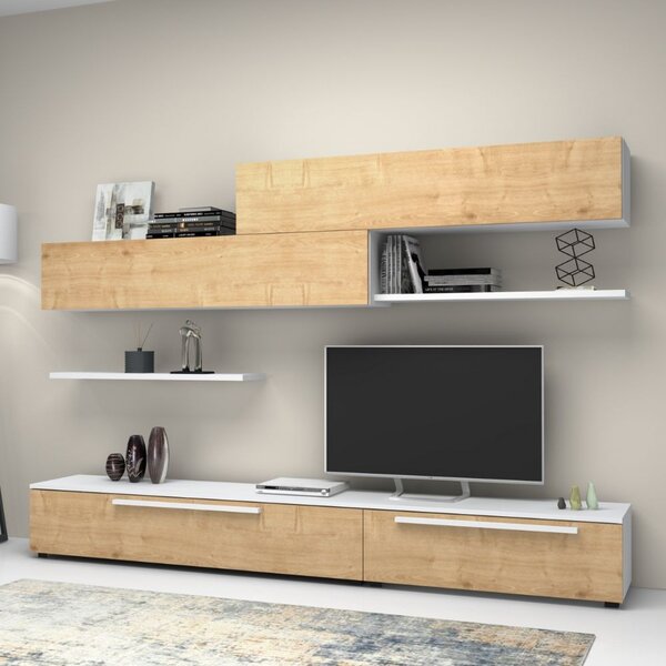 DecHome Parete Attrezzata Moderna Mobile TV + 2 Mobili a Parete + 2 Mensole Dimensioni 260x42x220 cm colore Rovere/Bianco - Kombat