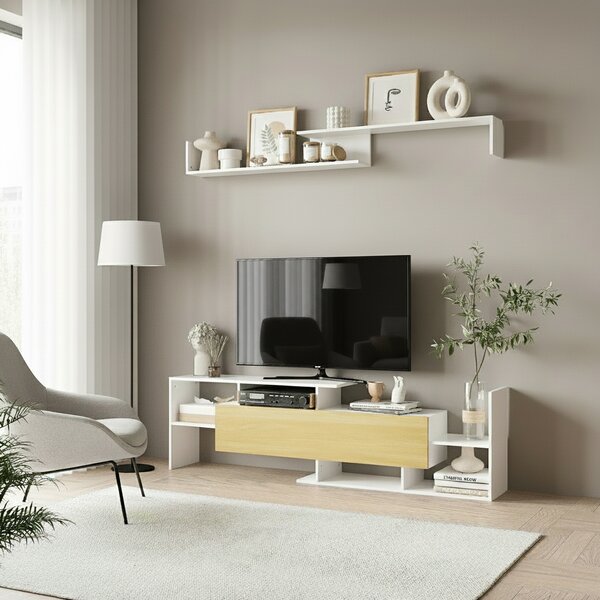 DecHome Parete Attrezzata Moderna Mobile TV + 1 Mensola in Legno Dimensioni 153,6x25x42 cm colore Bianco e Legno