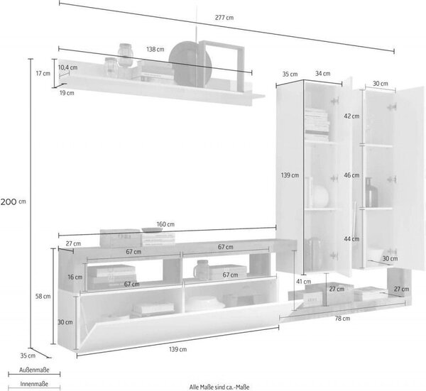 DecHome Parete Attrezzata Moderna Mobile TV + 1 Mensola Dimensioni 277x35x200 cm colore Bianco Lucido e Pero - Mogol