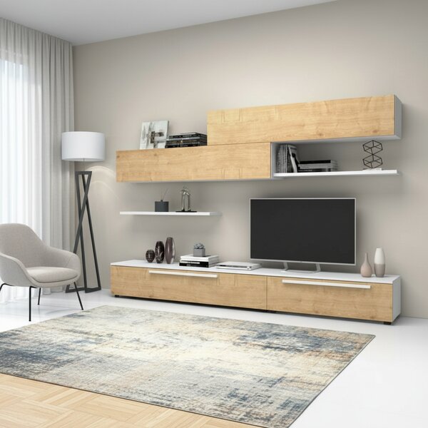 DecHome Parete Attrezzata Moderna Mobile TV + 2 Mobili a Parete + 2 Mensole Dimensioni 260x42x220 cm colore Rovere/Bianco - Kombat