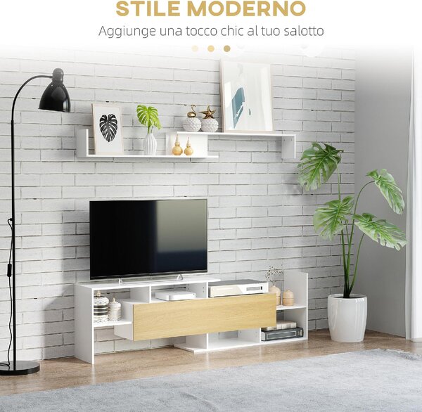 DecHome Parete Attrezzata Moderna Mobile TV + 1 Mensola in Legno Dimensioni 153,6x25x42 cm colore Bianco e Legno