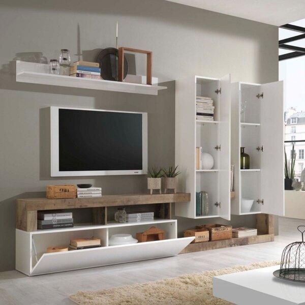 DecHome Parete Attrezzata Moderna Mobile TV + 1 Mensola Dimensioni 277x35x200 cm colore Bianco Lucido e Pero - Mogol