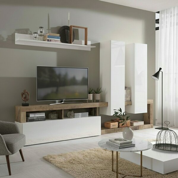 DecHome Parete Attrezzata Moderna Mobile TV + 1 Mensola Dimensioni 277x35x200 cm colore Bianco Lucido e Pero - Mogol