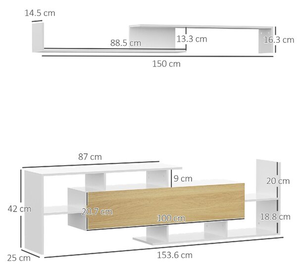 DecHome Parete Attrezzata Moderna Mobile TV + 1 Mensola in Legno Dimensioni 153,6x25x42 cm colore Bianco e Legno