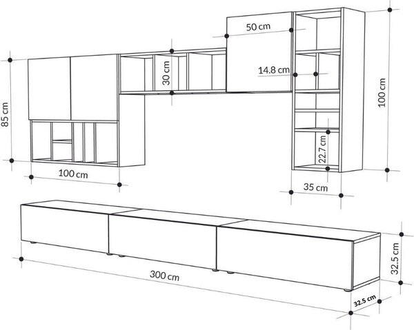 DecHome Parete Attrezzata Moderna Mobile TV + 4 Mobili a Parete Dimensioni 192x32,5x300 cm colore Tortora e Noce - Big