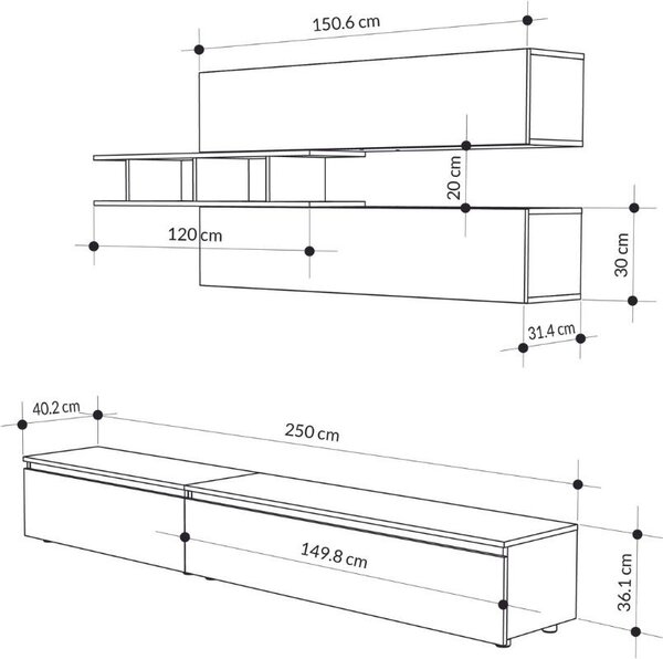 DecHome Parete Attrezzata Moderna Mobile TV + 3 Mobili a Parete Dimensioni 206x40x250 cm colore Cemento - Venus