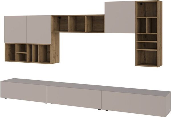 DecHome Parete Attrezzata Moderna Mobile TV + 4 Mobili a Parete Dimensioni 192x32,5x300 cm colore Tortora e Noce - Big