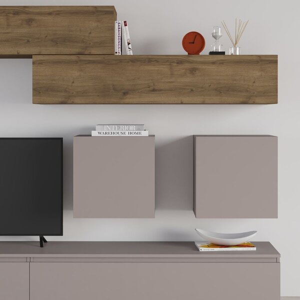 DecHome Parete Attrezzata Moderna Mobile TV + 4 Mobili a Parete Dimensioni 186x40x250 cm colore Noce e Tortora - Licia