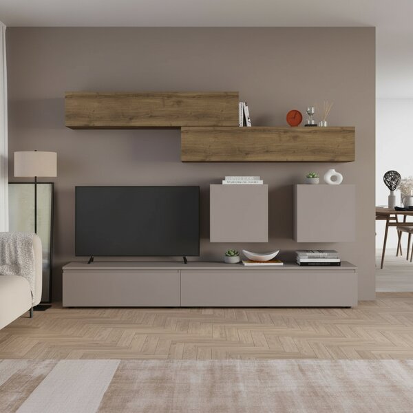 DecHome Parete Attrezzata Moderna Mobile TV + 4 Mobili a Parete Dimensioni 186x40x250 cm colore Noce e Tortora - Licia