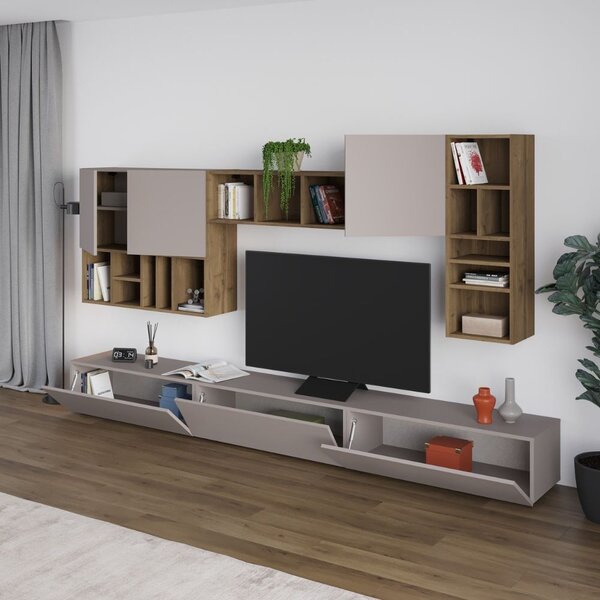DecHome Parete Attrezzata Moderna Mobile TV + 4 Mobili a Parete Dimensioni 192x32,5x300 cm colore Tortora e Noce - Big
