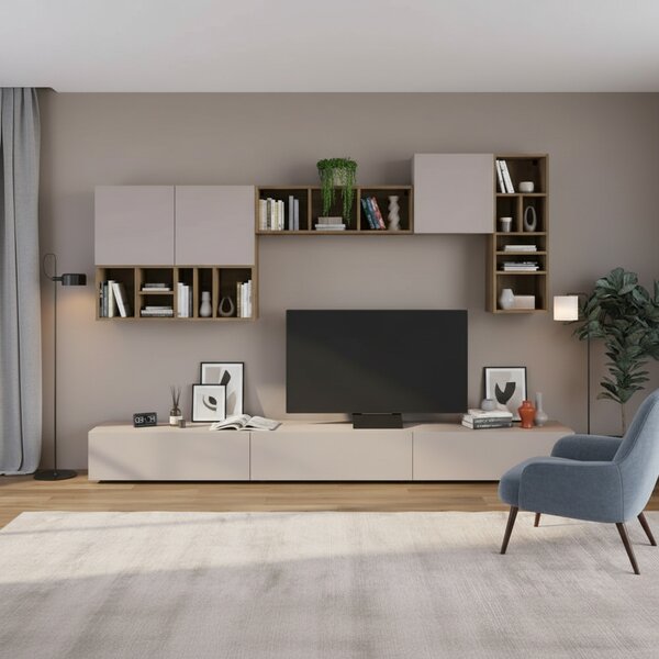 DecHome Parete Attrezzata Moderna Mobile TV + 4 Mobili a Parete Dimensioni 192x32,5x300 cm colore Tortora e Noce - Big