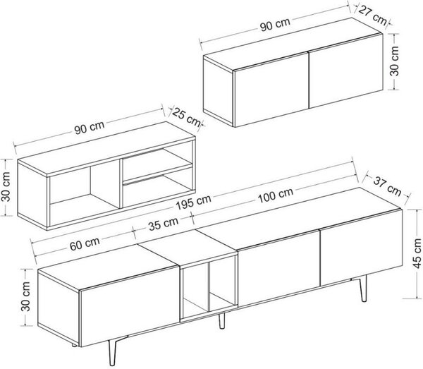 DecHome Parete Attrezzata Moderna Mobile TV + 2 Mobili a Parete Dimensioni 195x37x45 cm colore Rovere e Antracite - Diany