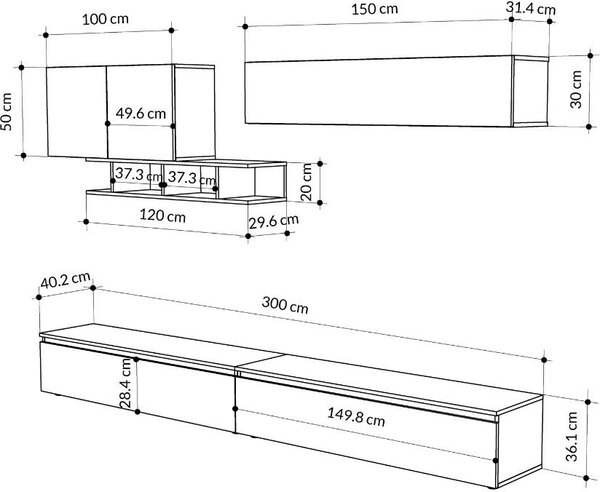 DecHome Parete Attrezzata Moderna Mobile TV + 2 Mobili a Parete Dimensioni 300x186 cm colore Antracite - Monica