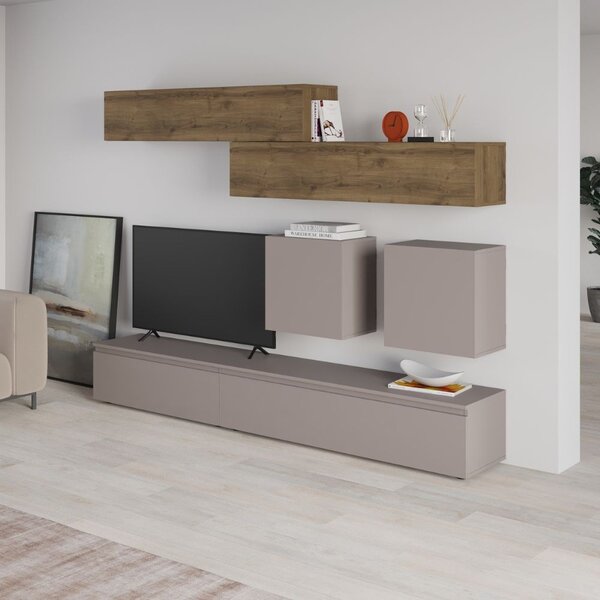 DecHome Parete Attrezzata Moderna Mobile TV + 4 Mobili a Parete Dimensioni 186x40x250 cm colore Noce e Tortora - Licia