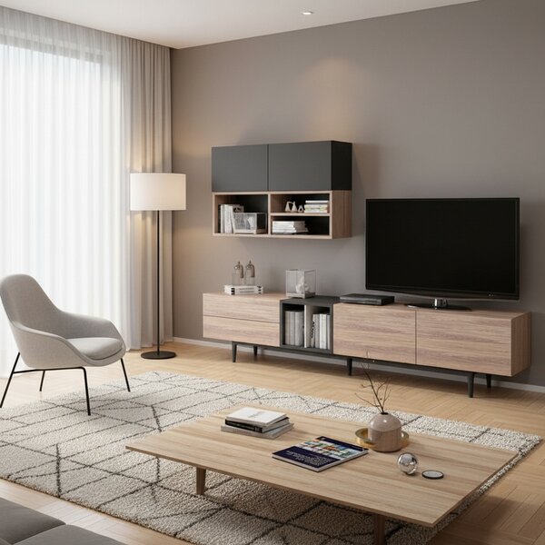 DecHome Parete Attrezzata Moderna Mobile TV + 2 Mobili a Parete Dimensioni 195x37x45 cm colore Rovere e Antracite - Diany